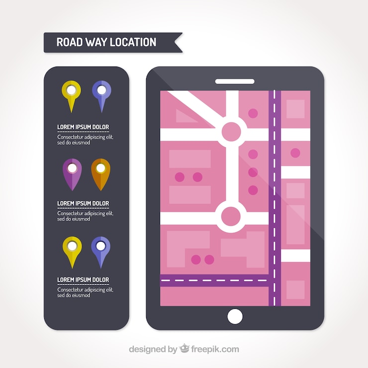 Vector gratuito tabeta con un mapa de carretera y una colección de punteros