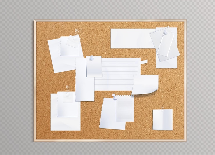Vector gratuito tabla de corcho con papeles de notas blancas