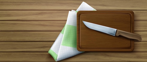 Tabla de cortar, cuchillo y mantel en la vista superior de la mesa de cocina de madera, ilustración realista en d, de un tablón de madera rectangular para cortar alimentos, cuchillo de acero y mantel doblado