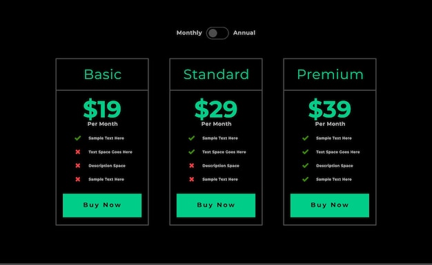 Tabla de gráficos de precios de 3 columnas plantilla oscura para la aplicación del sitio web