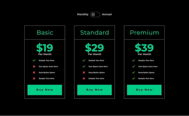 Vector gratuito tabla de gráficos de precios de 3 columnas plantilla oscura para la aplicación del sitio web