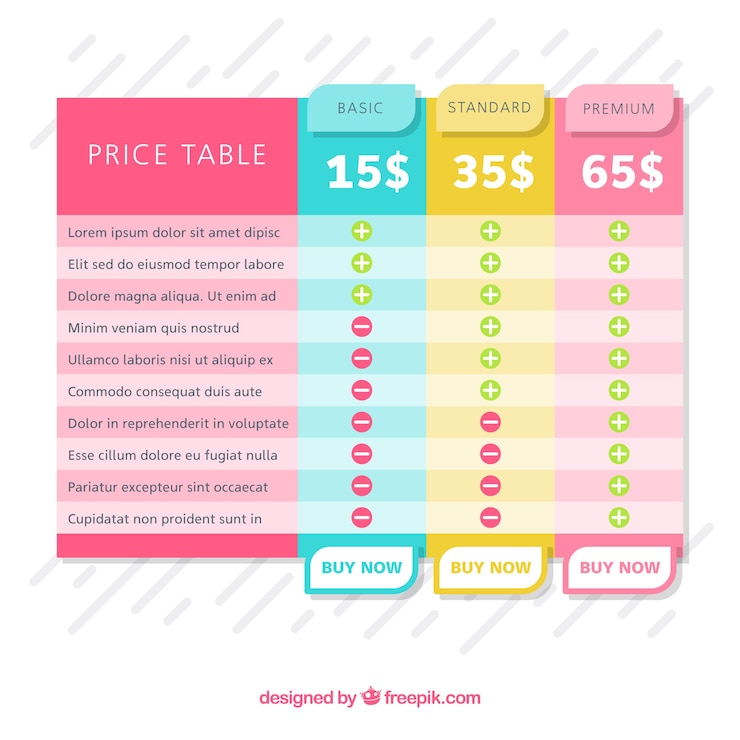 Vector gratuito tabla de precios colorida