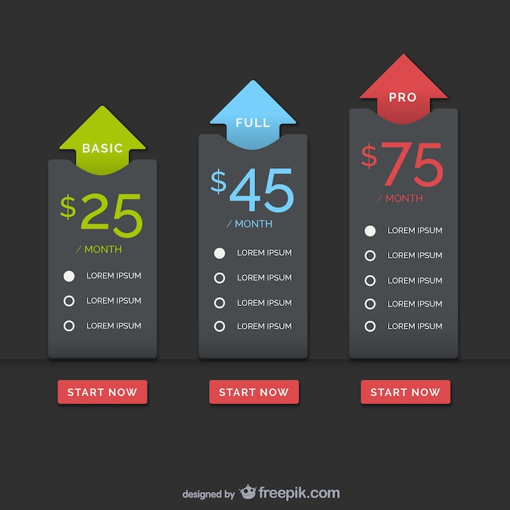 Vector gratuito tabla de precios con flechas de colores