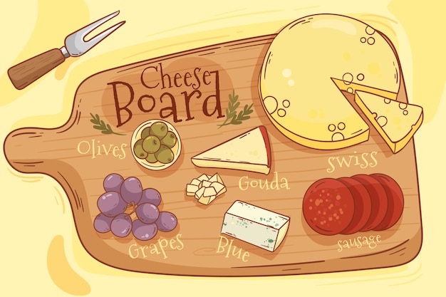 Vector gratuito tabla de quesos sabrosos ilustrada