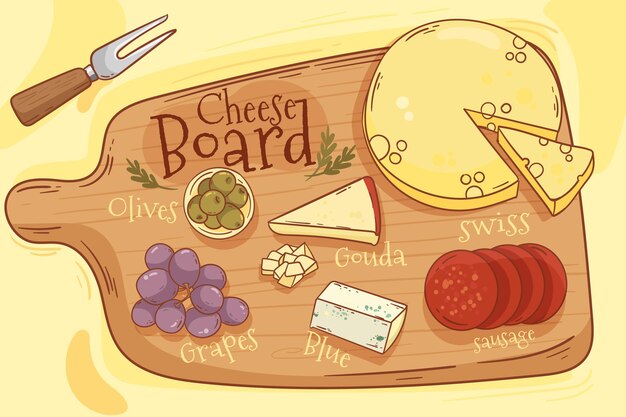Tabla de quesos sabrosos ilustrada