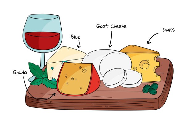 Tabla de quesos y vino dibujado a mano ilustración con nombres
