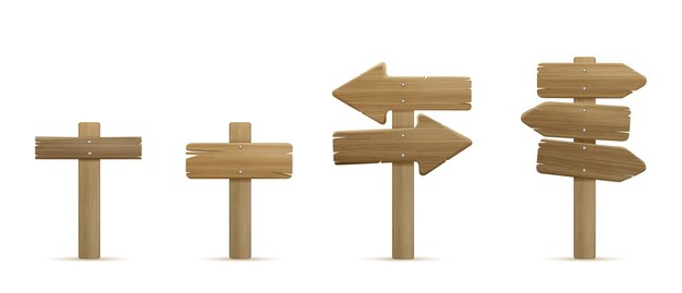 Tabla de señales de tráfico de flecha de madera 3d Puntero de calle de madera para guía de dirección aislado conjunto de avisos de viaje realistas Etiqueta de orientación de ubicación o destino en blanco en el diseño de icono de palo Tablero de señales de carretera antiguo