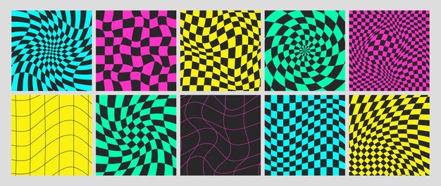 Tablas de ajedrez psicodélicas ácidas con patrón sin costuras con espirales y giros de azulejos de cuadrícula deformada