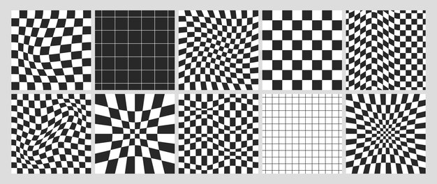 Tablas de ajedrez psicodélicas cuadradas con baldosas de cuadrícula blanca y negra deformadas a cuadros geométricos sin costuras