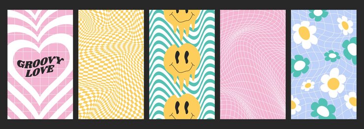 Vector gratuito tablas de ajedrez psicodélicas o patrones sin costuras con flores groovy corazones caras sonrientes