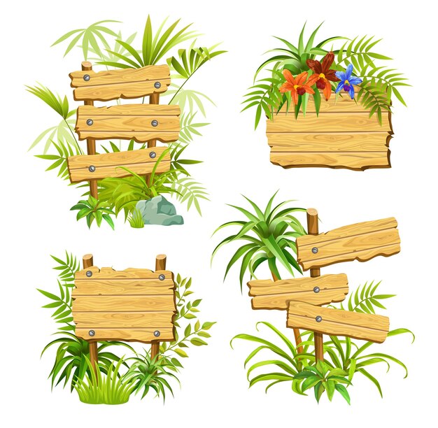 Tablas de madera con plantas verdes con espacio para texto.