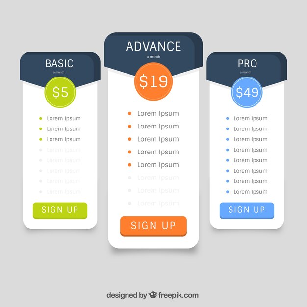 Tablas de precios con diferentes colores y tarifas