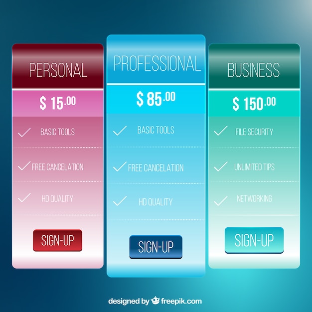 Vector gratuito tablas de precios de diferentes planes