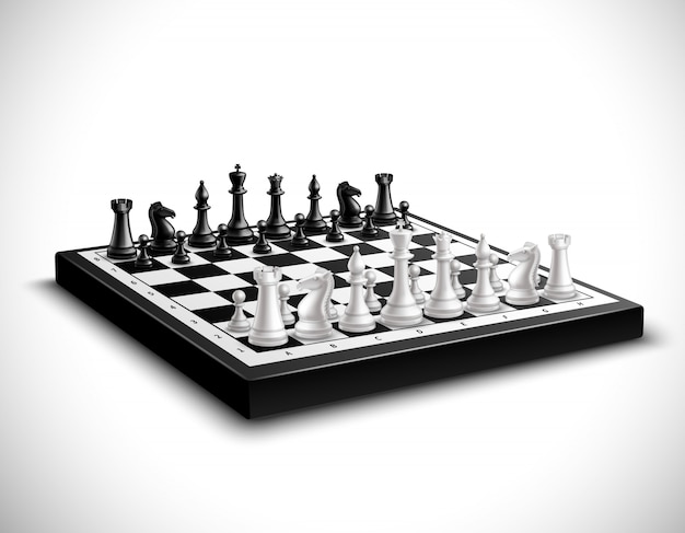 Tablero de ajedrez realista con 3d figuras en blanco y negro conjunto