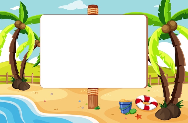 Vector gratuito tablero de banner vacío en un paisaje de playa tropical