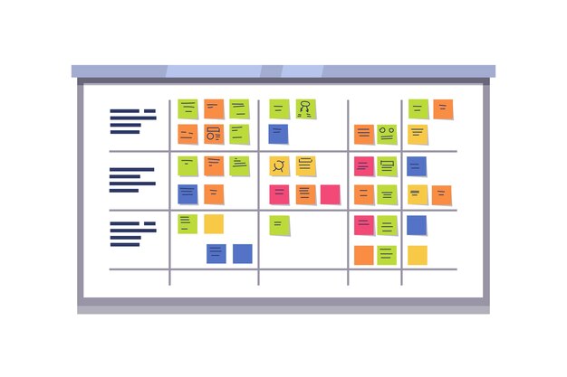 Tablero blanco del scrum lleno de tareas en tarjetas pegajosas