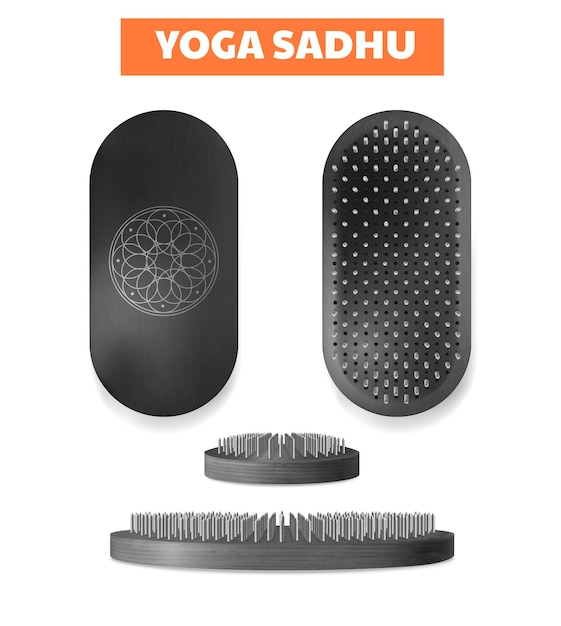 Vector gratuito tablero de clavos sadhu moderno para ejercicios de yoga y meditación vistas laterales traseras conjunto realista ilustración vectorial aislada