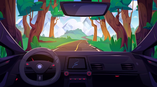 Vector gratuito tablero de instrumentos del automóvil con vista a la carretera del bosque a través del parabrisas ilustración de dibujos animados vectoriales del interior del automóvil con mapa del volante en la pantalla de navegación gps montañas en el horizonte viaje en automóvil