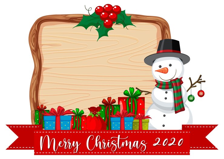 Vector gratuito tablero de madera en blanco con mensaje de feliz navidad 2020 y muñeco de nieve
