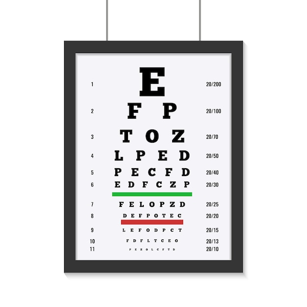 Vector gratuito tablero de prueba para el cuidado de los ojos con letras latinas planas.