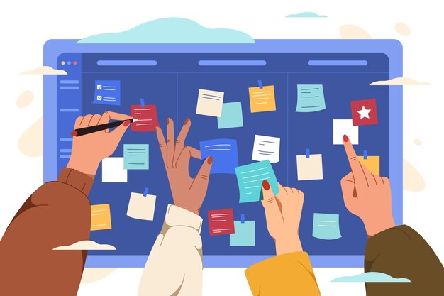Tablero de tareas de scrum plano con manos de los miembros del equipo y pegatinas de papel de color Grupo de desarrolladores de software crea un cronograma de proyecto de trabajo con notas adhesivas Concepto de planificación de sprint de desarrollo de trabajo en equipo
