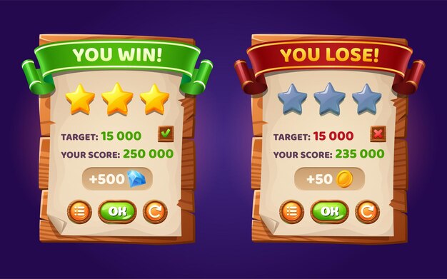 Tableros de interfaz de interfaz de usuario del juego con ganar y perder