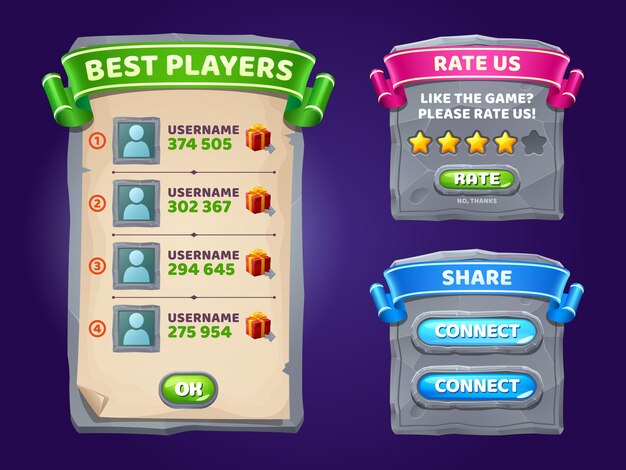 Tableros de interfaz de interfaz de usuario del juego con la lista de los mejores jugadores