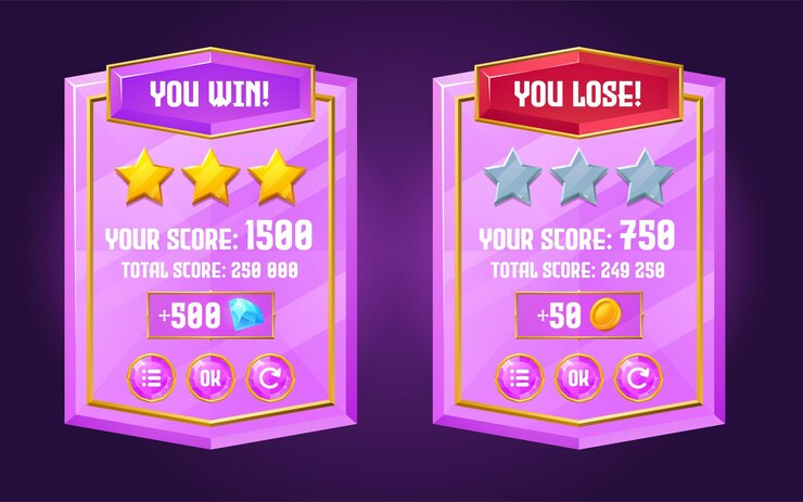 Vector gratuito tableros de interfaz de interfaz de usuario del juego con puntaje de nivel, pancartas de ganar y perder de cristal púrpura con marco dorado. conjunto de dibujos animados vectoriales de elementos de la interfaz gráfica de usuario, pantallas de nivel completas y fallidas con estrellas doradas y botones