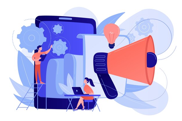 Tableta con altavoz y equipo trabajando en papel blanco. Documento de inversión ICO, estrategia empresarial de inicio, concepto de plan de desarrollo de productos. Vector ilustración aislada.
