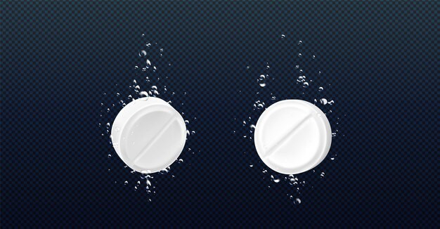 Tableta de aspirina efervescente con burbuja submarina Vitamina medicinal blanca gaseosa aislada en fondo transparente Dosis de paracetamol solución farmacéutica brillante de migraña para beber