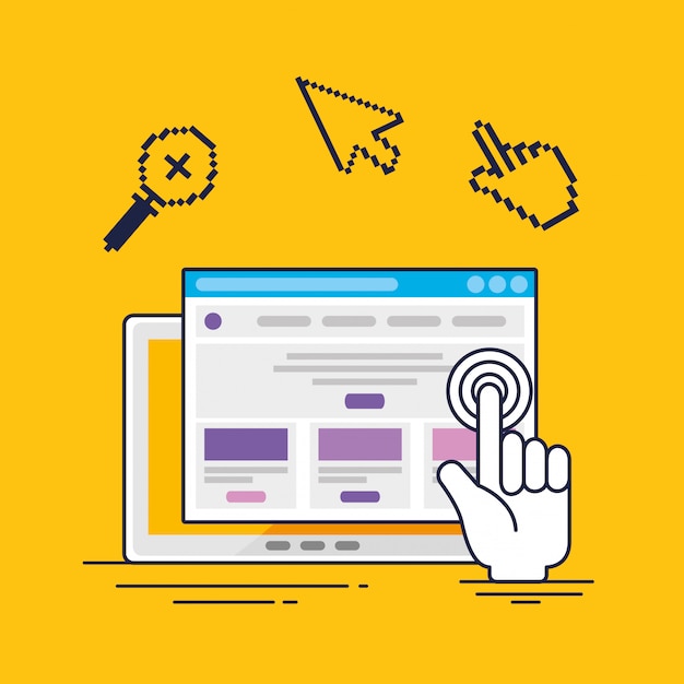 Tableta con cursor de puntero de mano e información del sitio web
