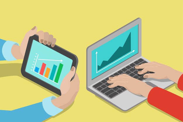 Tableta portátil de manos isométricas de estilo plano con concepto de informe gráfico. Partes del cuerpo de personas en marketing de finanzas comerciales de electrónica de computadoras. Colección de negocios creativos.