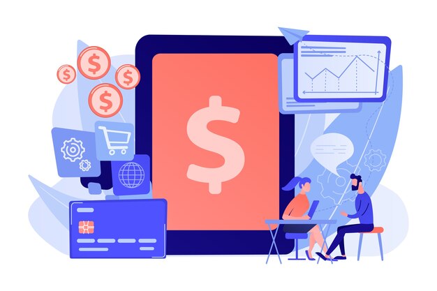 Tableta, tarjeta bancaria y administrador mediante software bancario para transacciones. Sistema de TI de banca central, software bancario, ilustración del concepto de servicio de TI