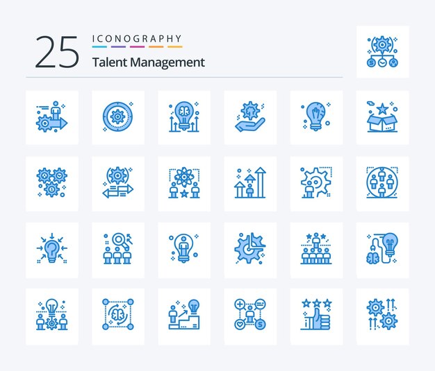 Talent Management 25 paquete de iconos de color azul que incluye bombilla de flecha de rueda de ajuste de engranajes