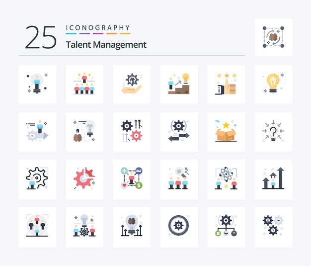 Talent Management 25 paquete de iconos de color plano que incluye el engranaje de la solución superior de la escalera del usuario