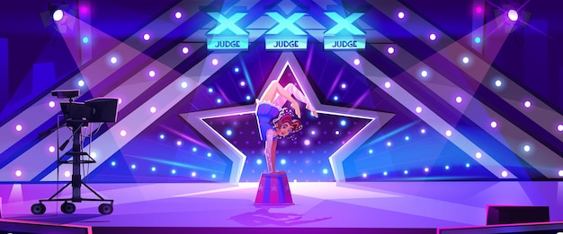 Vector gratuito talent reality show joven acróbata en la escena