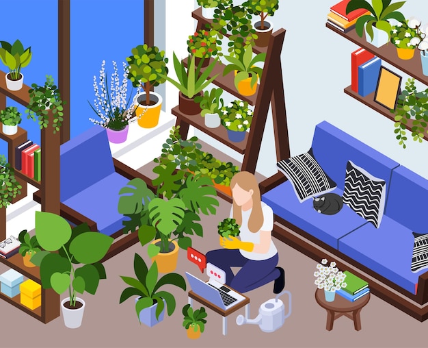 Taller de clase magistral grupo práctica de aprendizaje composición isométrica con interior interior de sala de estar con ilustración de vector de plantas