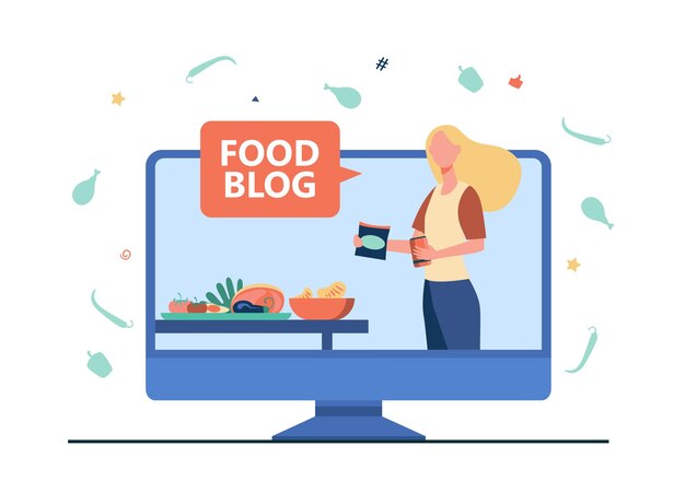 Taller de impartición de blogger gastronómico. Cocina online, video lección, chef. Ilustración de dibujos animados