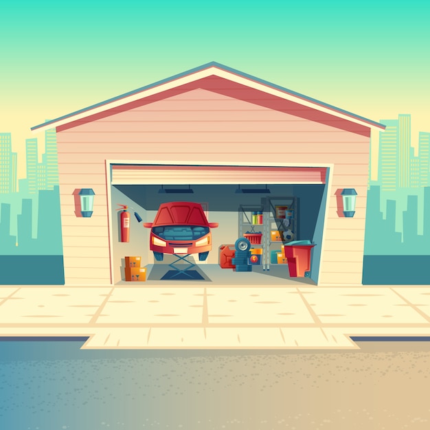 Taller mecánico de dibujos animados vector con coche. Reparación o fijación de vehículo en garaje. Trastero con piel.