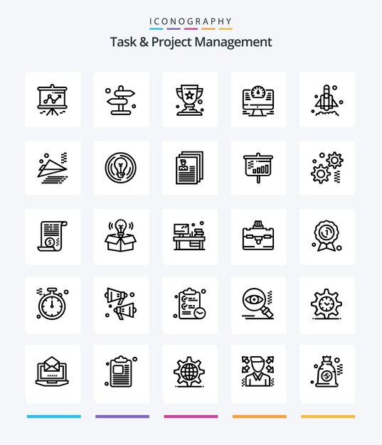 Tarea creativa y gestión de proyectos 25 Paquete de iconos de contorno como la taza de navegación de la computadora del tiempo
