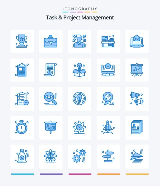 Tareas creativas y gestión de proyectos 25 paquete de iconos azules, como el monitor de computadora portátil de perfil de correo comercial