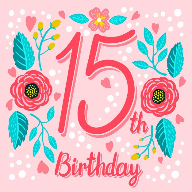 Tarjeta de 15 aniversario de diseño plano dibujado a mano
