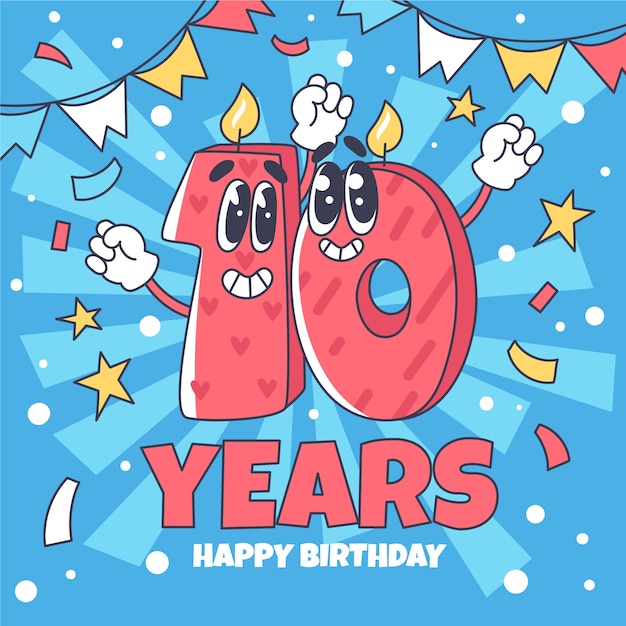 Vector gratuito tarjeta de aniversario de 10 años dibujada a mano
