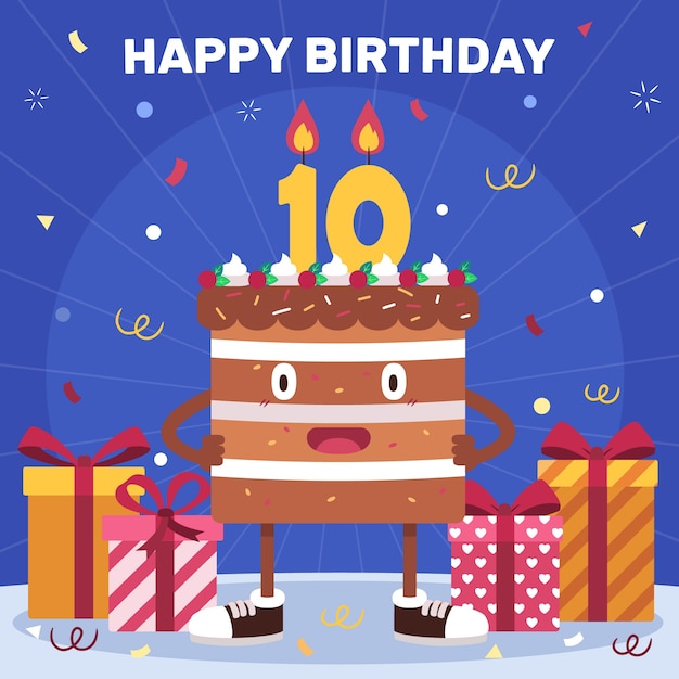 Vector gratuito tarjeta de aniversario de 10 años de diseño plano dibujado a mano