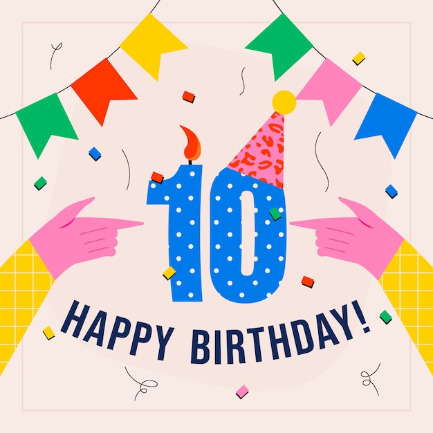 Vector gratuito tarjeta de aniversario de 10 años de diseño plano