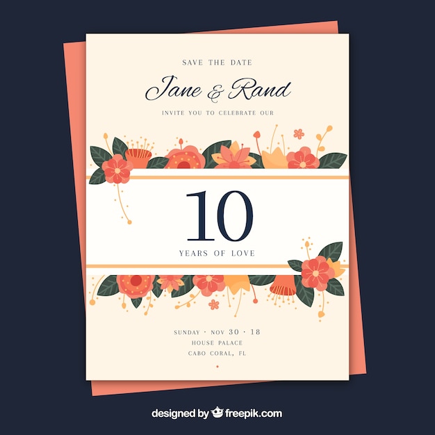 Tarjeta de aniversario de boda en estilo plano con flores