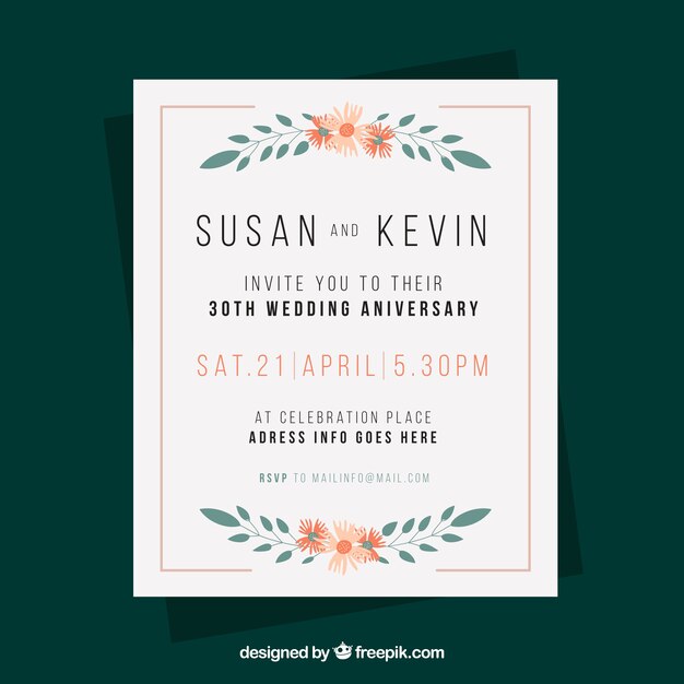 Tarjeta de aniversario de boda en estilo plano con flores