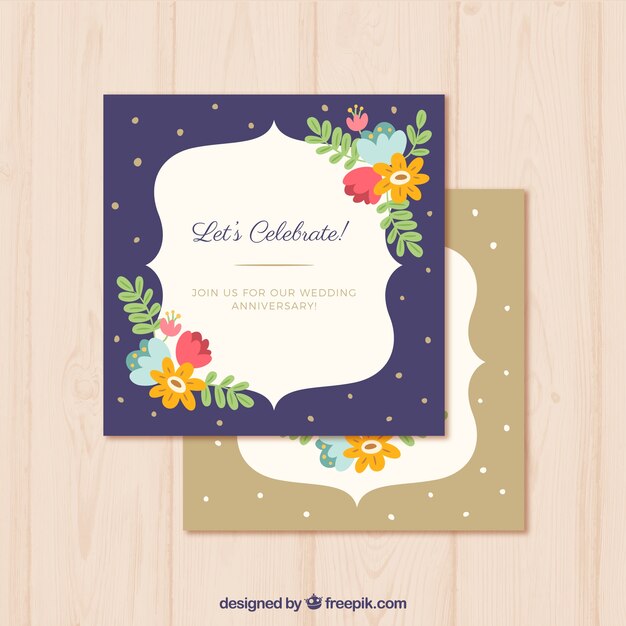 Tarjeta de aniversario de boda en estilo plano con flores