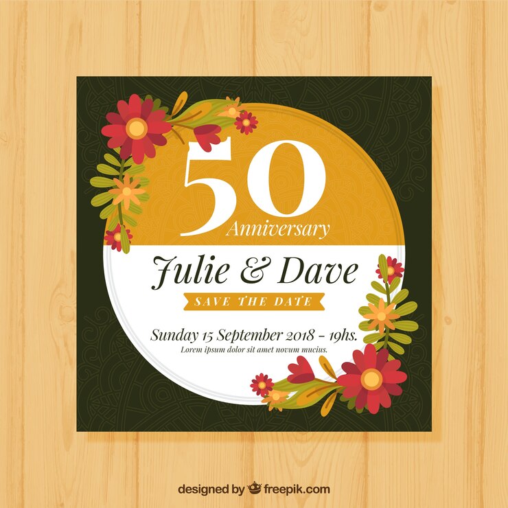Vector gratuito tarjeta de aniversario de boda con flores en estilo plano