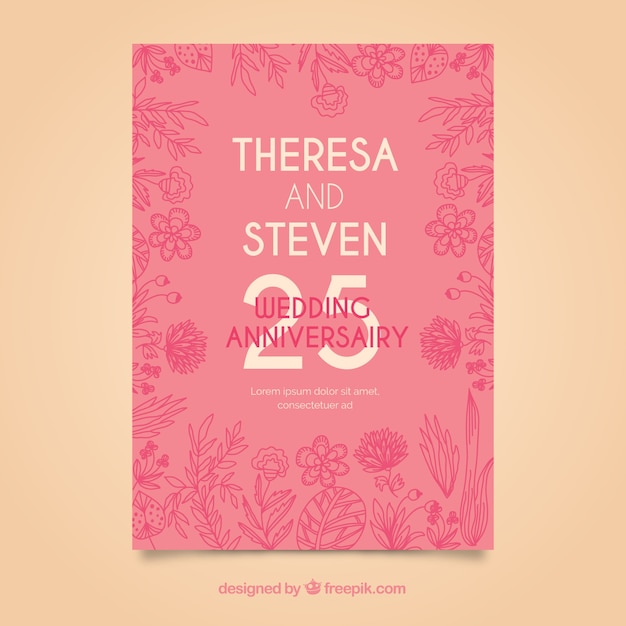 Vector gratuito tarjeta de aniversario de boda con flores